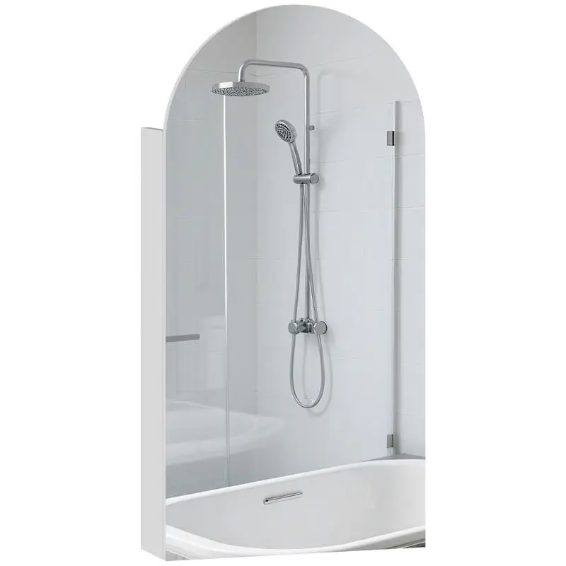 Armoire murale de salle de bain avec miroir, meuble de salle de bain sans cadre en forme d'arche et étagères en verre réglables, blanc