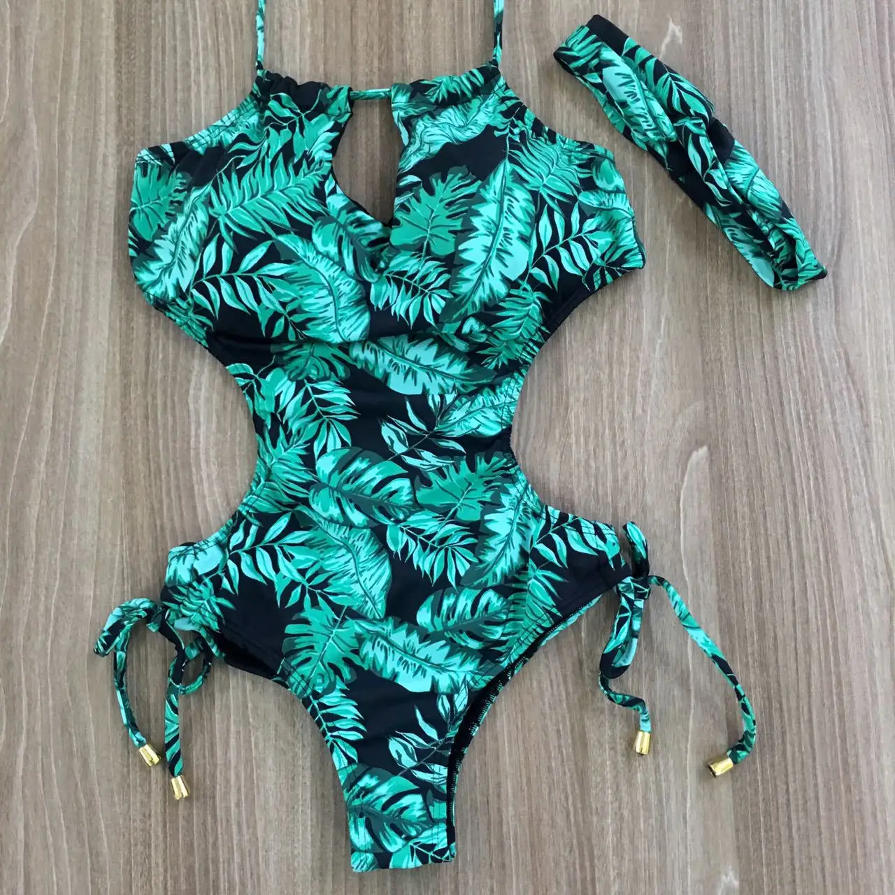 Green leaf print Cut Out One-Piece Swimsuit Women Sexy Backless String Adjust  Girls Beach Bathing Suit Swimwear