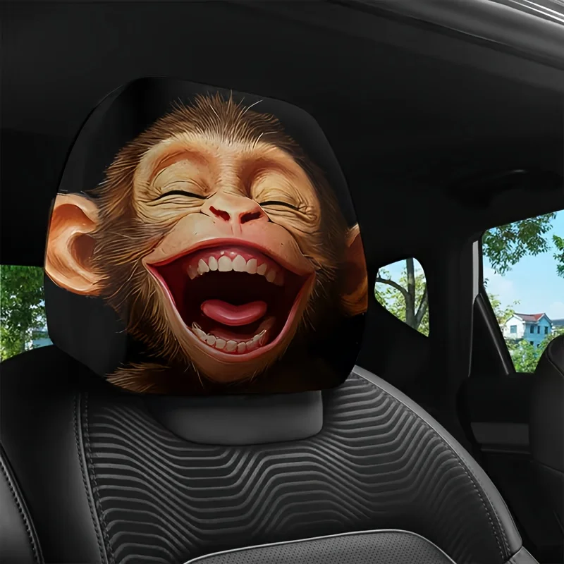 Capa de Apoio de Cabeça para Carro com Estampa de Macaco Risonho Universal, 2 Peças, Poliéster Tricotado, Sem Enchimento, Lavável, Fácil de Instalar, 