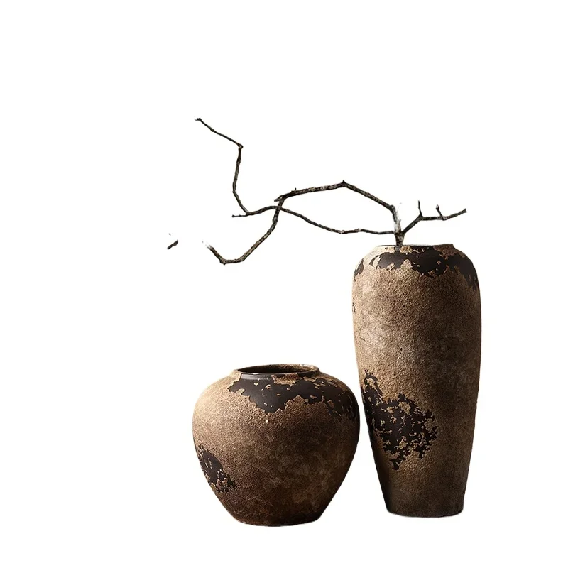 

Ceramic wabi-sabi vase ornament, high-end retro living room flower arrangement TV cabinet entrance Zen decoration