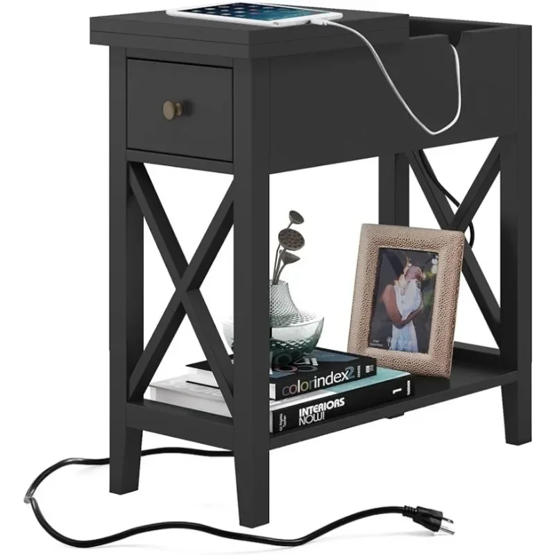 

End Table with Flip Top and Charging Station, Narrow Side Table with Storage Cabinet and USB