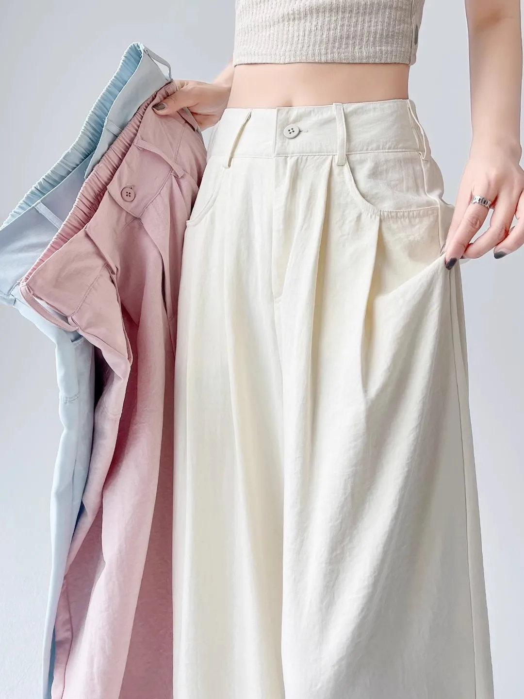 

Летние тонкие эластичные брюки с высокой талией из льняной ткани с добавлением шелка, широкие, свободного прямого кроя, струящиеся, длинные, женские