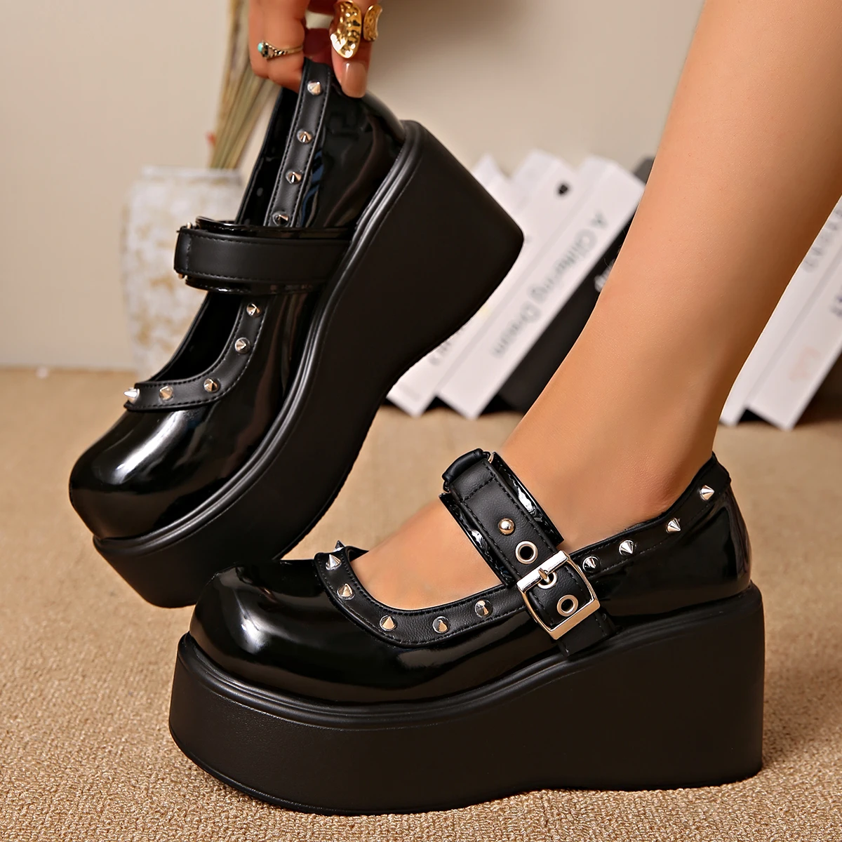 

2025 Summer Women Wedge Heel Mary Jane Shoes Round Toe Shallow Sneakers Women Mouth Buckle Platform Non-slip High Heels Shoes