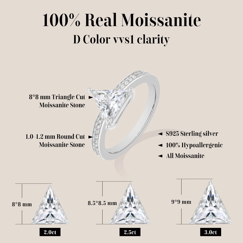 MINTYBOX Triangle Cut 2.0CT DVVS1 Color Moissanite Rings S925 Silver Pave Band Engagement Wedding Party Unique Jewelry for Women