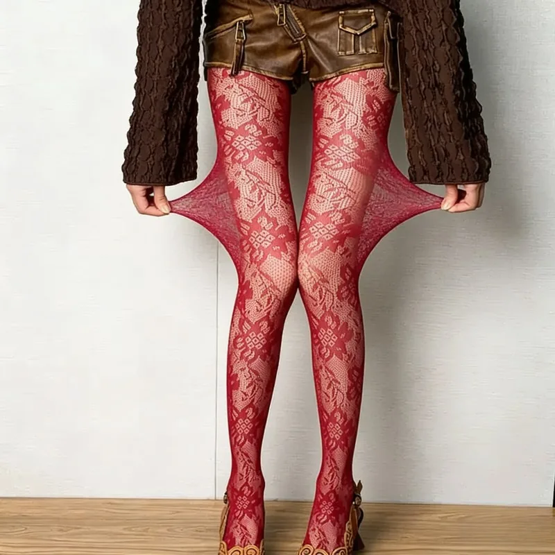 

Women Fashion Wine Floral Hollow Out Fishnet Tights Lolita Bottomed Pantyhose 1 Piece Elastic Mesh Lace Stockings Slim Leggings