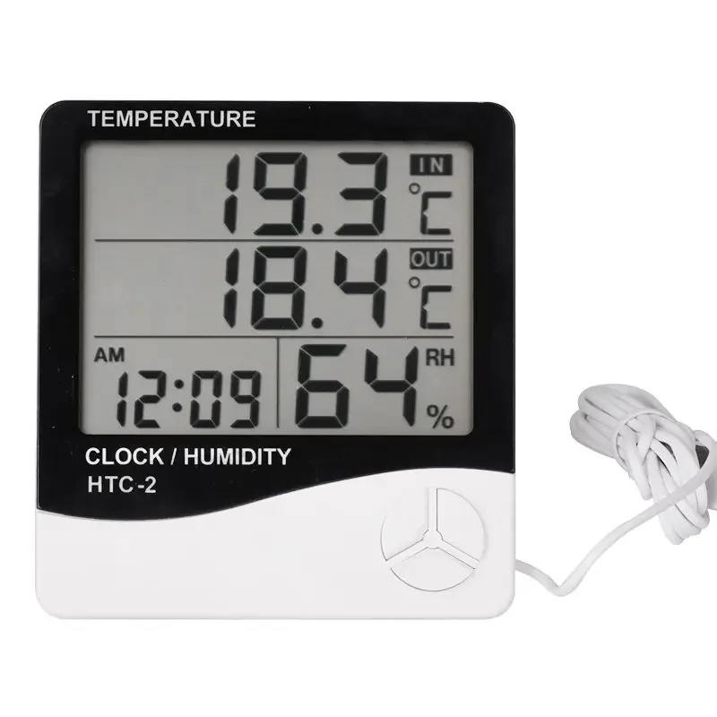 HTC-2 Termometr cyfrowy do pomieszczeń wewnętrznych Higrometr Elektroniczny miernik temperatury i wilgotności Zegar z zewnętrznym czujnikiem sondy zewnętrznej