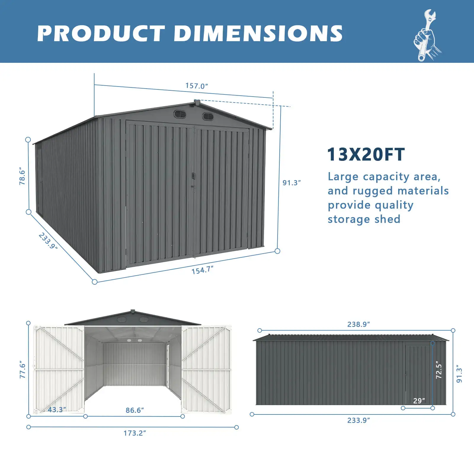Anti UV Galvanized Steel Garage Storage Shed Double Front Doors Side Entry 4 Vents 44-mile/h Wind Load Ground Anchor Customized