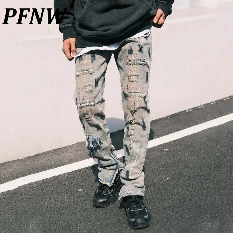 

PFNW High Street Men's Jeans Splash-ink Graffiti Hole Wide Leg Bottom Straight Loose Male Denim Pants New Autumn Fashion 12C525