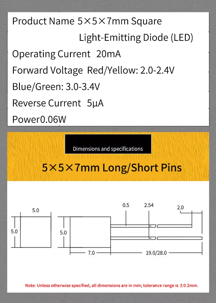 557 Quadratische Leuchtdiode (LED), 5×5×7mm Quadratische Durchsteckmontage-Leistungs-LED-Anzeigeleuchte – Detail 4