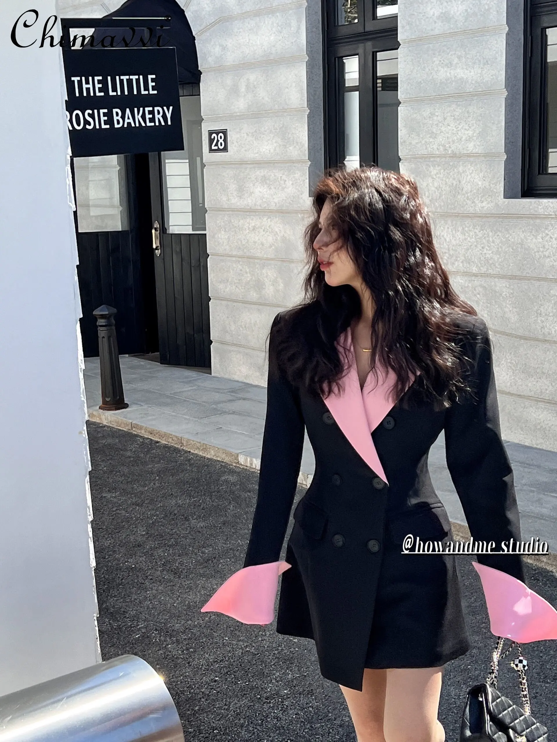 

2023 Spring New Korean Fashion Elegant Double Breasted Design Dress Commuter Contrast Color Slim Fit Business Suit Dress Women