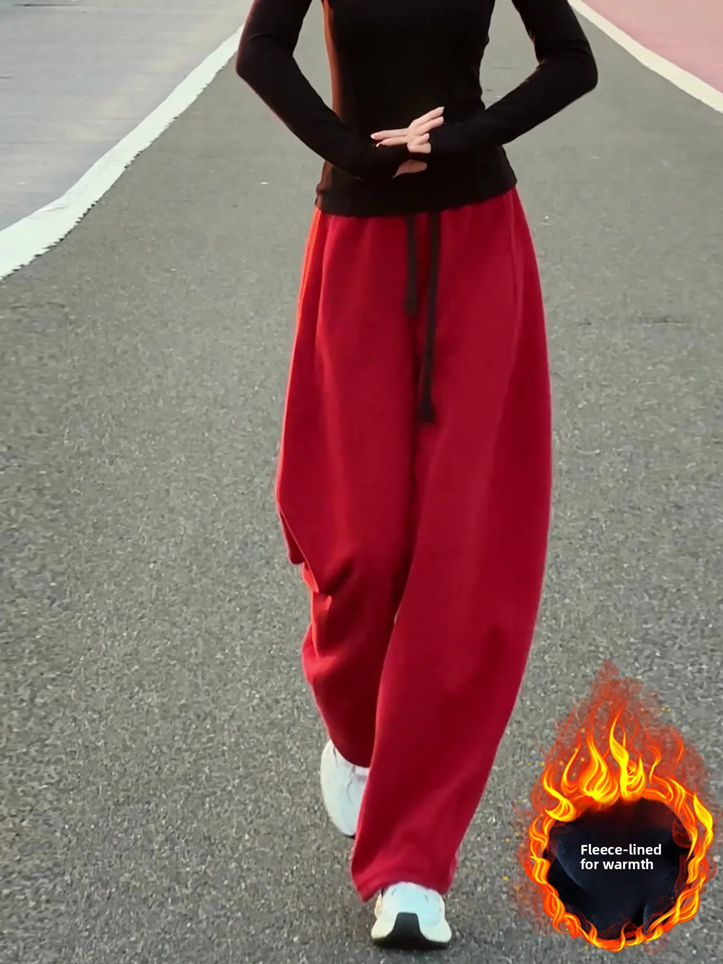 레드 페이스 라인드 캐주얼 스포츠 팬츠 여성용 가을 겨울 하이 웨이스트 슬림 와이드 레그 스웨트팬츠 한국 스타일