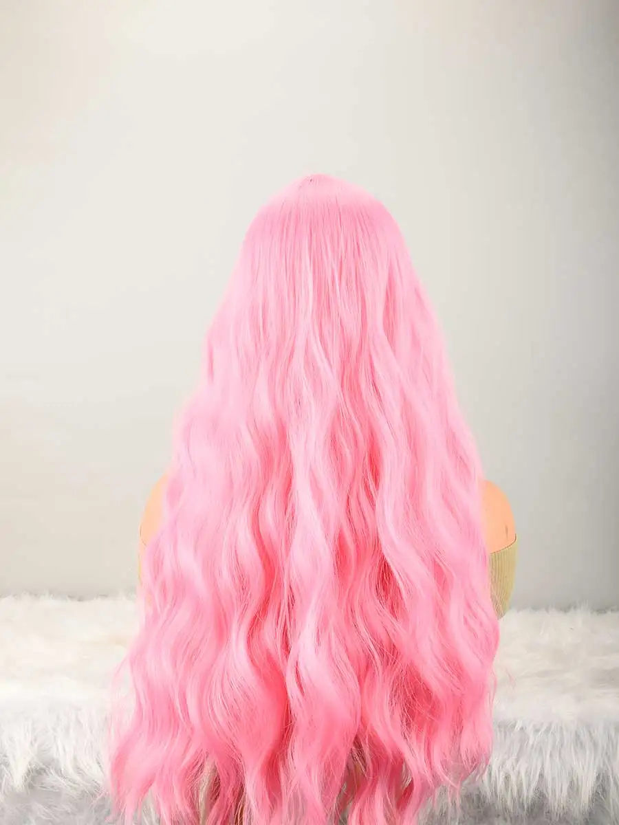 Long Wavy Middle Part With No Bangs Synthetic Fiber Curly Fashion Women Party Cosplay Wig (Light Pink)