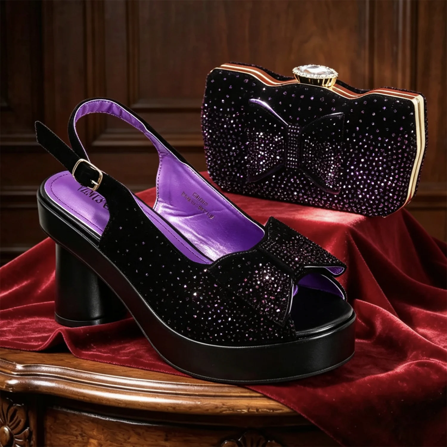 Elegante Schwarze Damen-Sandalen mit Blockabsatz, Plateau, Peeptoe und Strass-Verzierung & Clutch-Tasche Set für Hochzeit, Party und Abendveranstaltungen – Detail 4