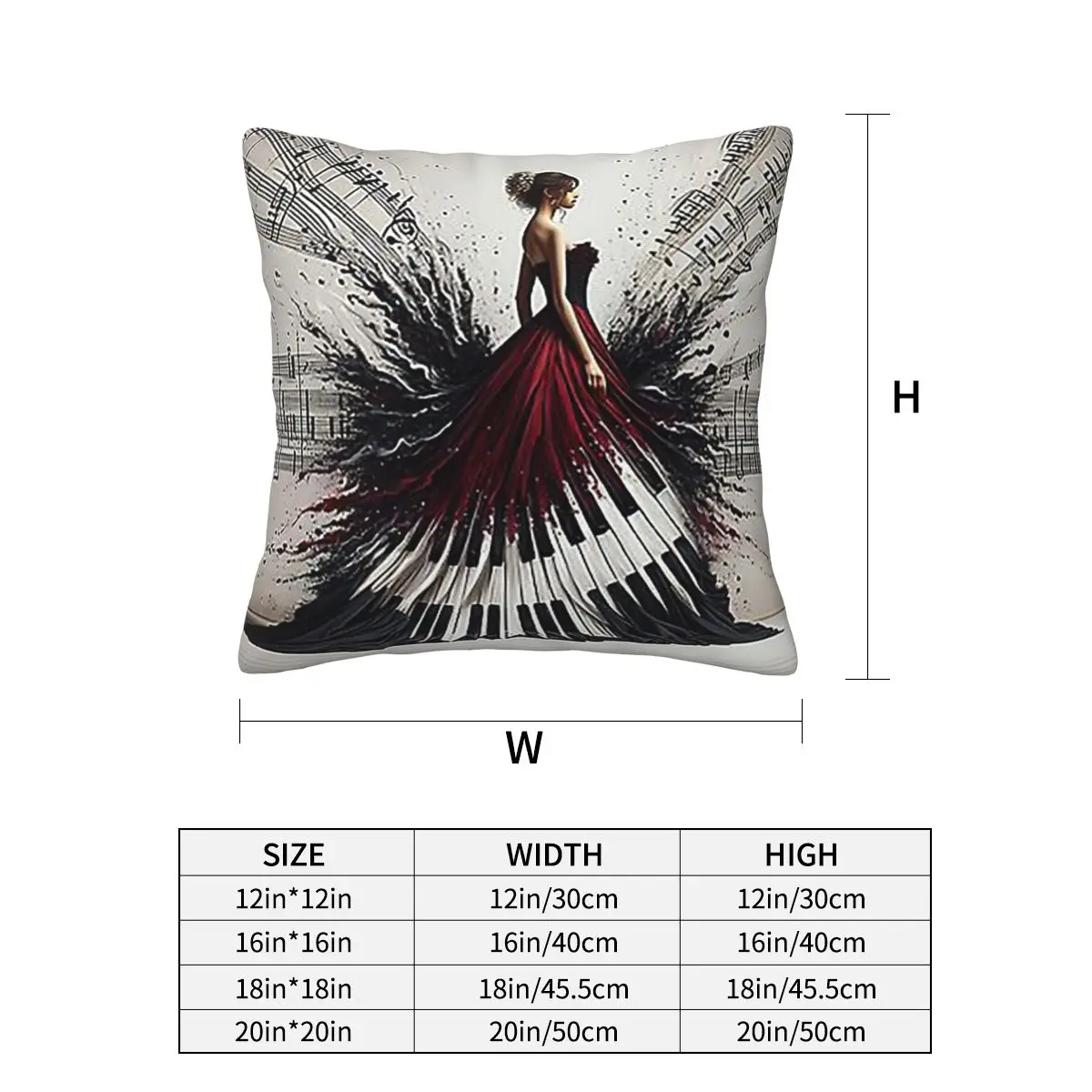 Beautiful Lady Piano Musical Notes, Wavy Dress Square Pillowcase Pillow Cover Cushion Comfort Throw Pillow for Home Bedroom