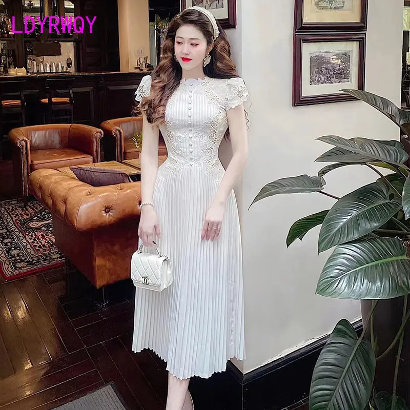 2023 Summer New Lady Lace Embroidery Temperament Waist Dress Pleated