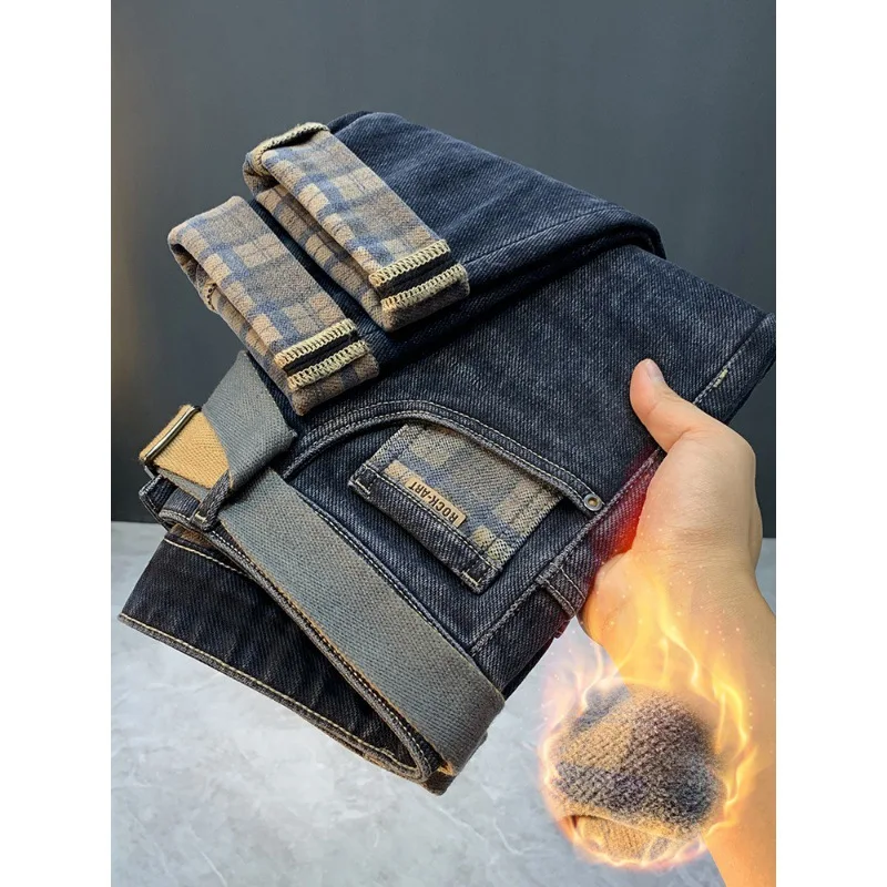 Fleece Padded Jeans Men\'s Winter High-End Fashion Skinny Pants Men\'s Casual Stretch Fleece Trousers pants