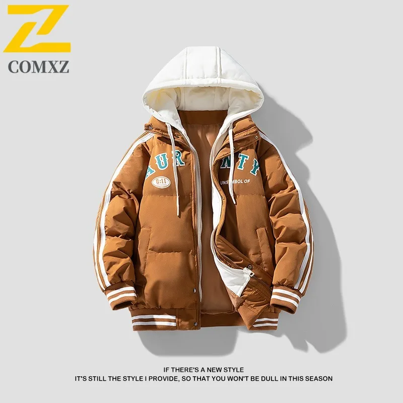 COMXZ 2025 남성용 겨울 후드 두꺼운 컬러 블록 패딩 재킷 미국 스타일 숏 캐주얼 아웃도어 스포츠 방수 방풍 코트