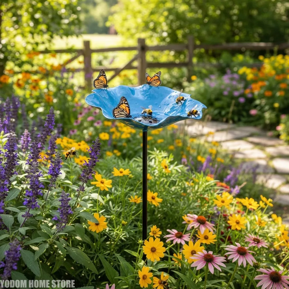 Metal Flower Garden Stake Weather Proof Butterfly Bees Bath Bowl Handmade Flowers Bath for Outdoor Lawn Landscape Decoration New