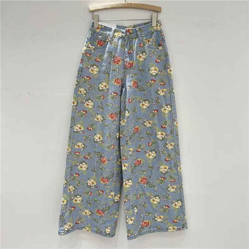 

Весенне-летние женские джинсы с принтом, высокая талия, молния, цветочный узор, синие брюки, американская мода, широкие джинсовые брюки в стиле ретро