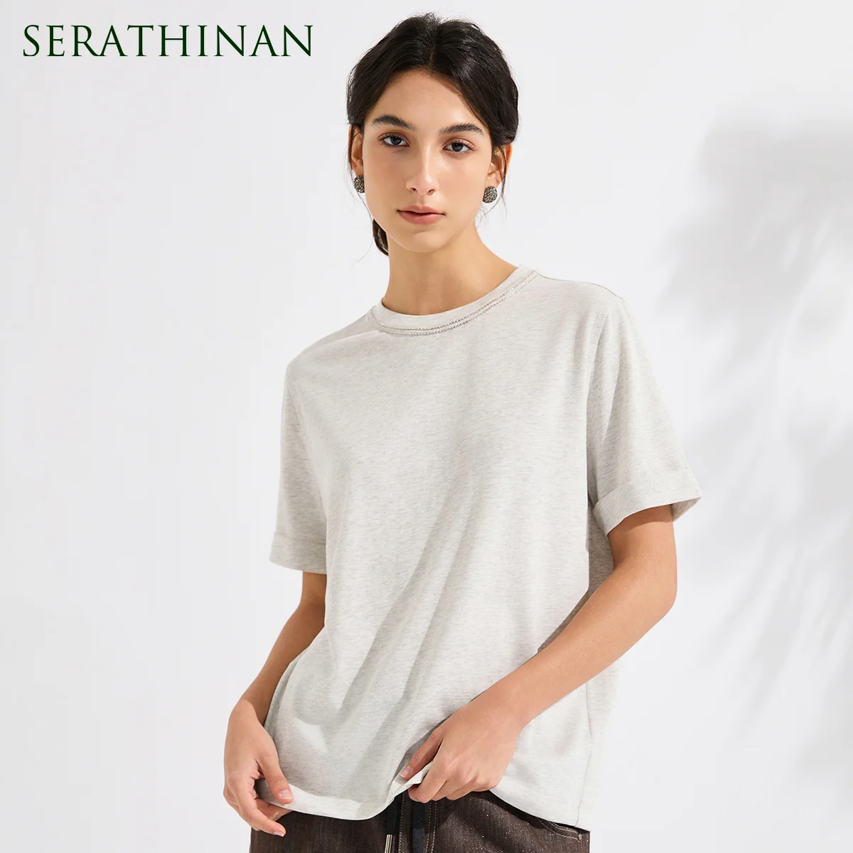 KL7613699 Elegant Lyocell Cotton Blend T-Shirt Women's Fashion Chain Trim Luxury Soft Female Summer Elegant Tee