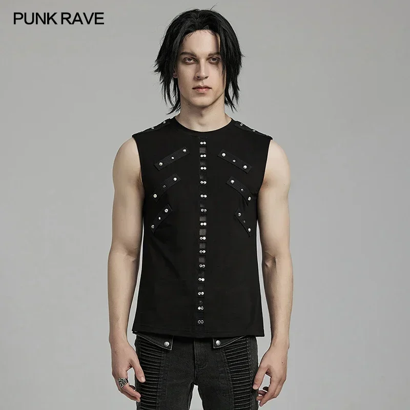 PUNK RAVE Men's Punk Daily Front Mesh Bottom Decorated Tank Personality Handsome Cool Black Streetwear Sleeveless Top Men Summer