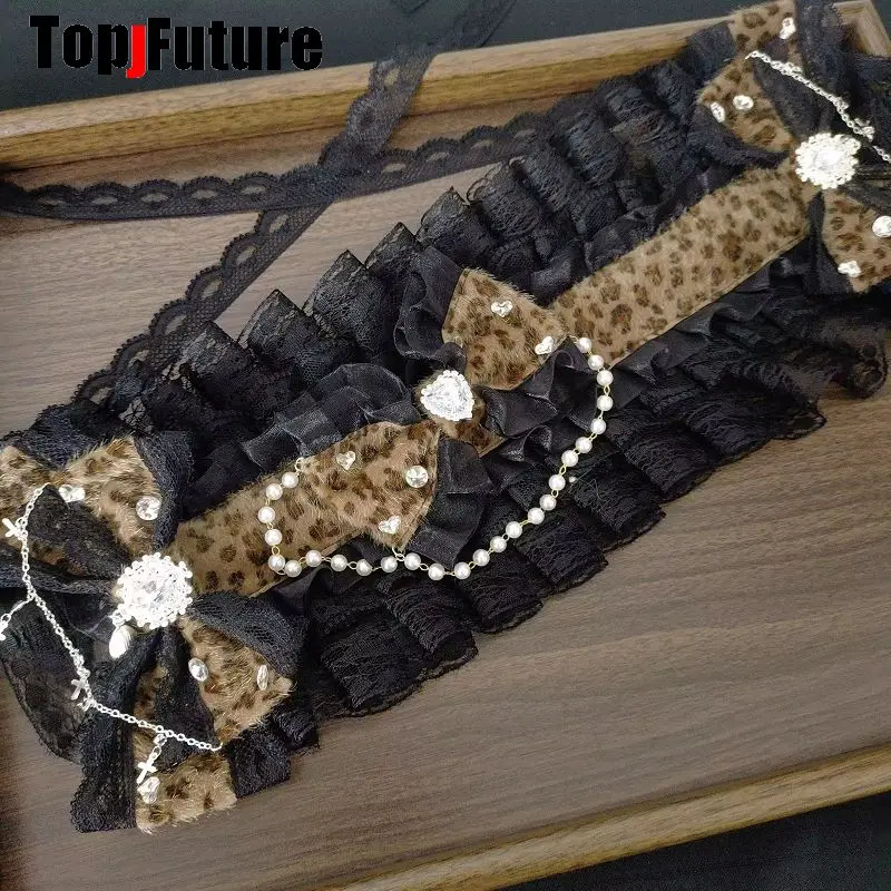 Mars Gal Harajuku Gothic Subculture Lace Leopard Print Lolita Steampunk Y2K Girl Women Bow Hair Clip Hair Clips Pins Hairpin