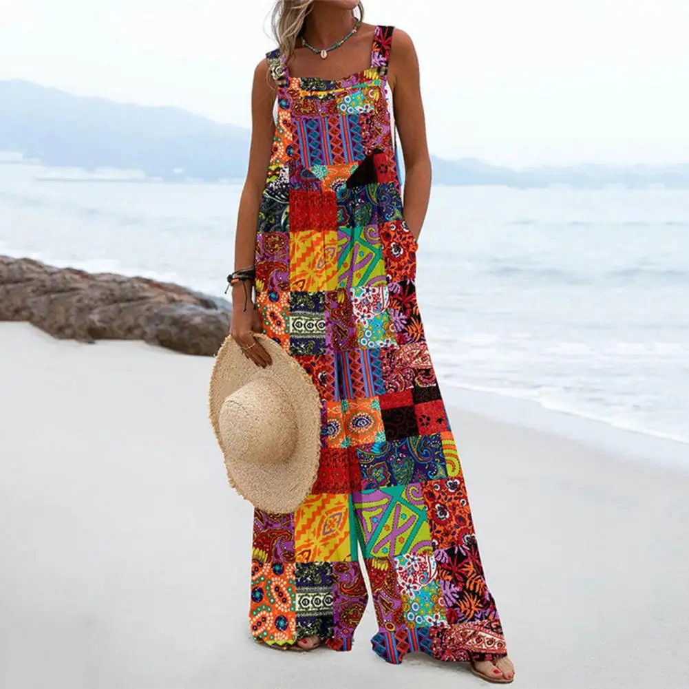 women's clothing trend 2024 Womens Fashion Suspender Printed Style Jumpsuit Ethnic Patchwork Buttons Vintage full jumpsuit woman