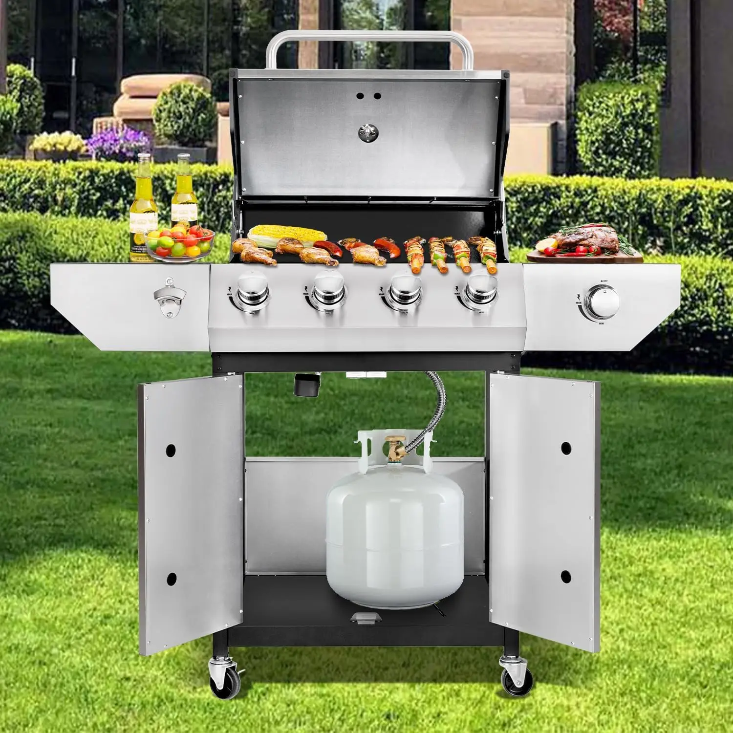 4-Burner Propane BBQ Grill 53000 BTU Stainless Steel Cast Iron Grate