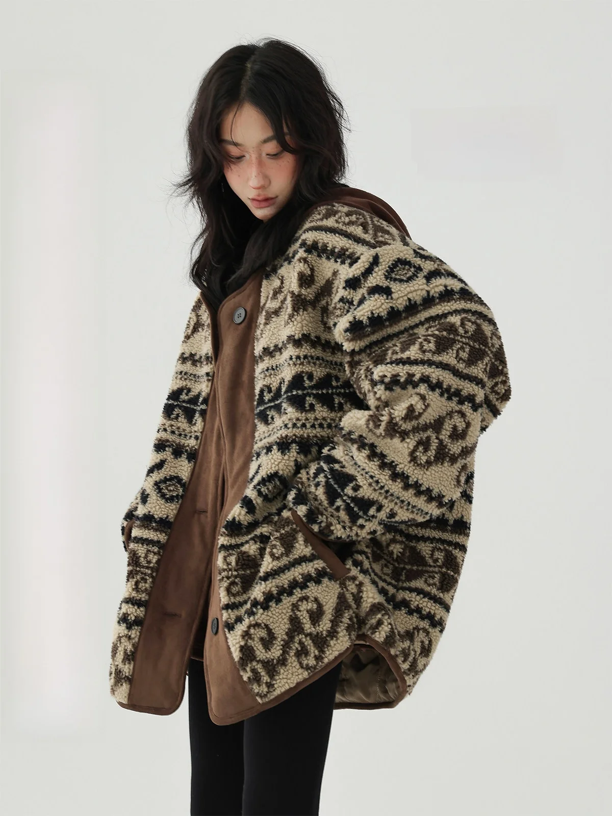 Acestudios Winter Thiened American Retro Patchwork Cotton Jaet Women's Faion Walnut Flower Lamb Fur Coat Street Sle L...