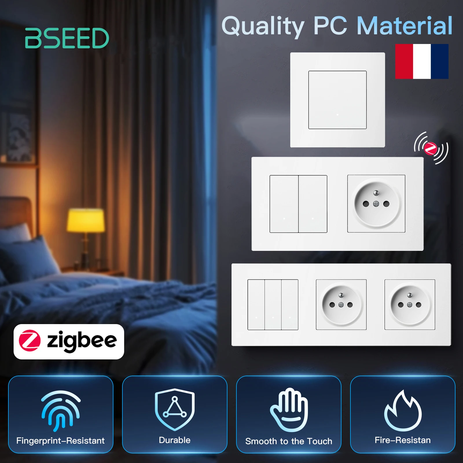 

BSEED Zigbee Wall Light Button Switches Tuya Smart Life Alexa Control Plus French Power Sockets Matte Plastic Frames E-Series