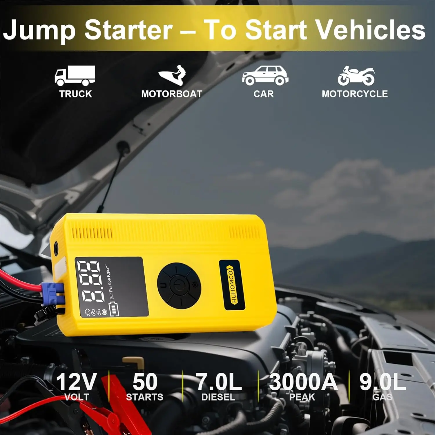 مشغل قفز للسيارة 7 في 1 مع ضاغط هواء، حزمة طاقة 3000 أمبير 12 فولت، منفاخ رقمي 150 رطل لكل بوصة مربعة للغاز/الديزل، وإضاءة LED وكابلات