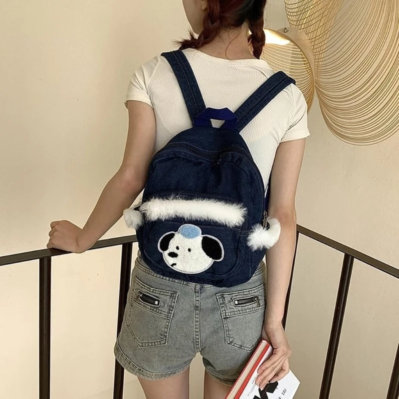 Mochila pequena jeans com detalhe pelúcia peluda para compras casuais compras com apliques cachorro, bolsa escolar