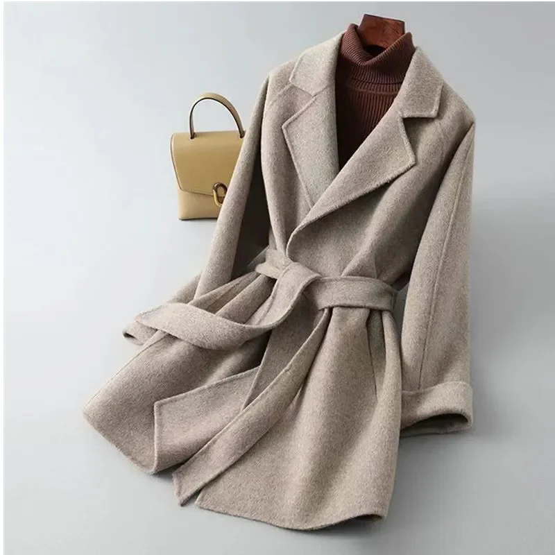 

Women Mid-Length Lace Up Wool Jacket 2025 Autumn Winter New Fashion Double-Sided Thick Slim Woolen Coat Female Outerwear B1259