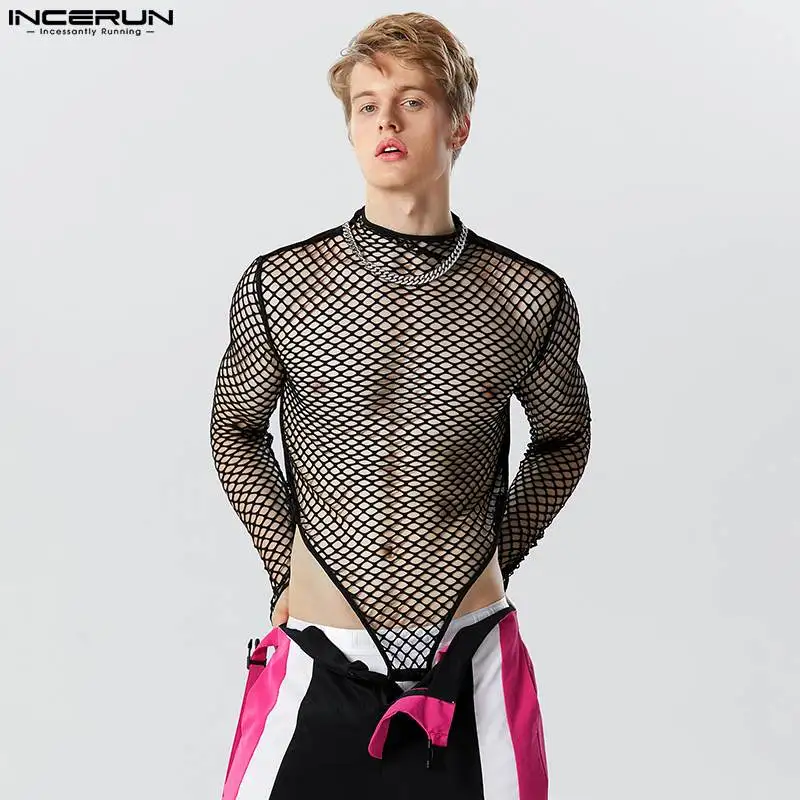 

INCERUN 2023 Sexy Men Homewear Bodysuits Half High Neck Sexy See-through Mesh Jumpsuits Casual Thimble Long Sleeve Rompers S-5XL