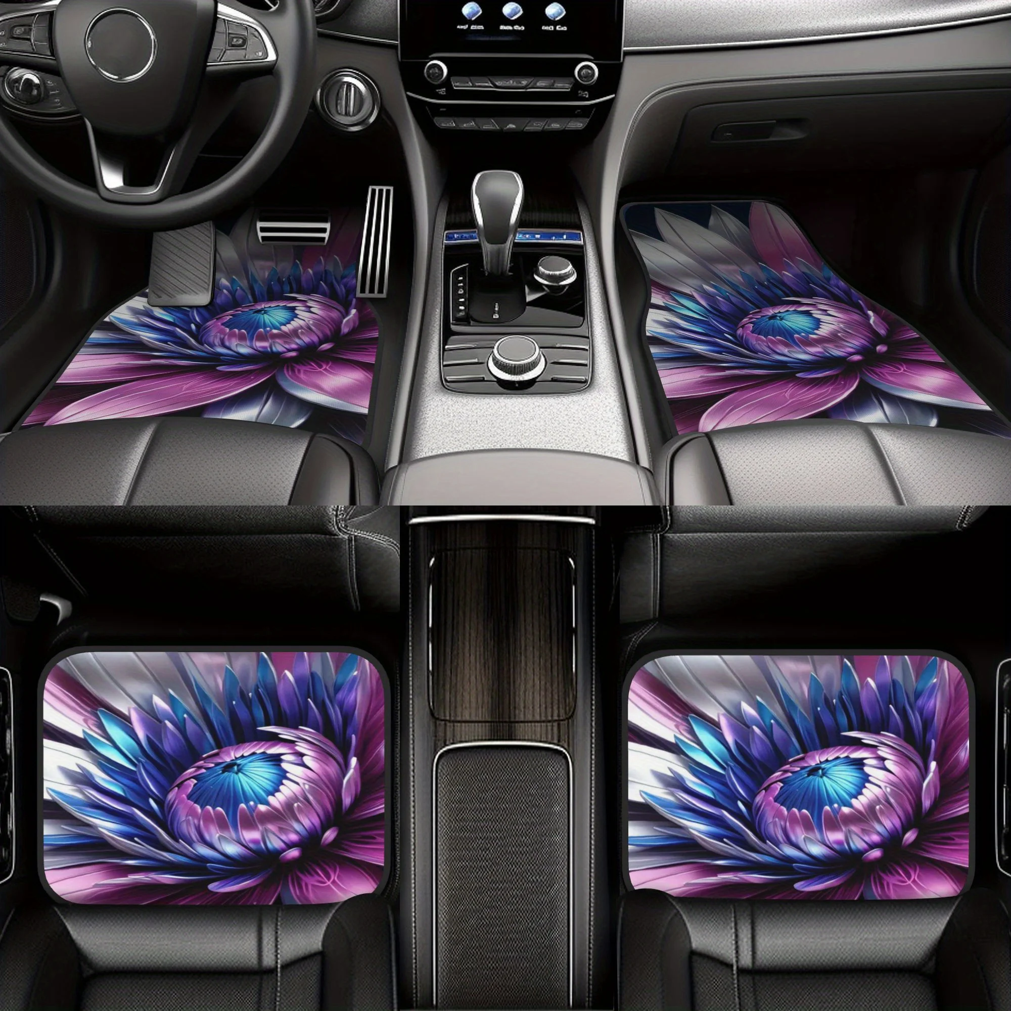 4pcs There Is A Purple And Silvery Flower On A Blue Background Pattern Universal Car Floor Mats - Polyester Material, Non-Slip L