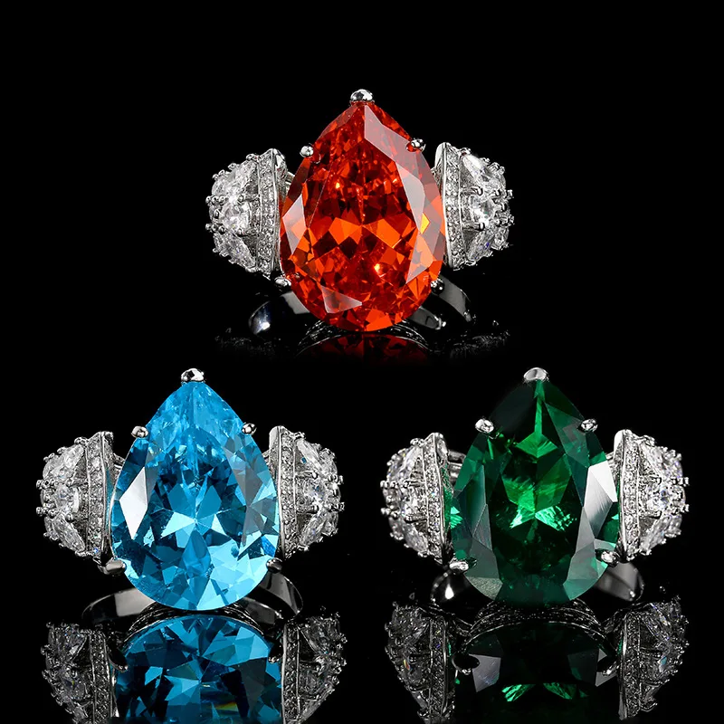 Silver Plated Women Statement Ring Pear Cut Imitation Emerald Aquamarine Orange Zircon Side Diamond Halo Luxury Finger Jewelry