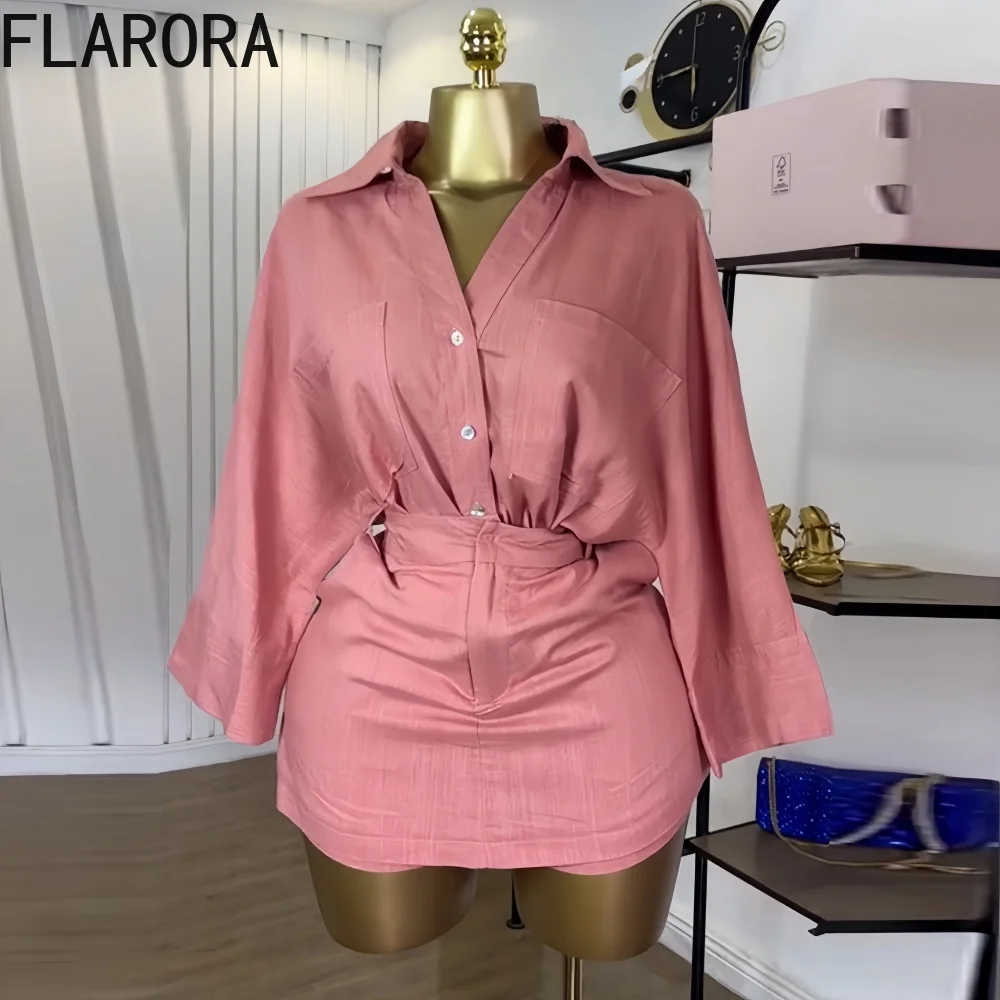 

FLARORA Fashion Solid Color Short 2 Pcs Sets Woman Lapel Bat Sleeve Shirts and High Waist Shorts Skirts Outfits Office Lady Suit