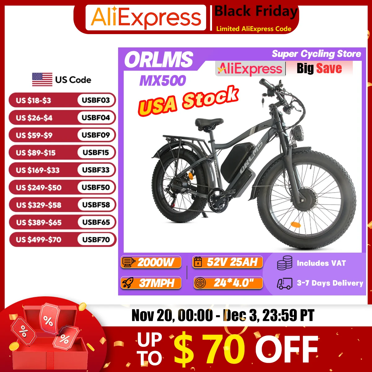 

ORLMS MX500 Adult Ebike 2000W Dual Motor 52V 25Ah Battery Urban Electric Bike 24*4.0" Fat Tire Dual Suspension Electric Bicycle
