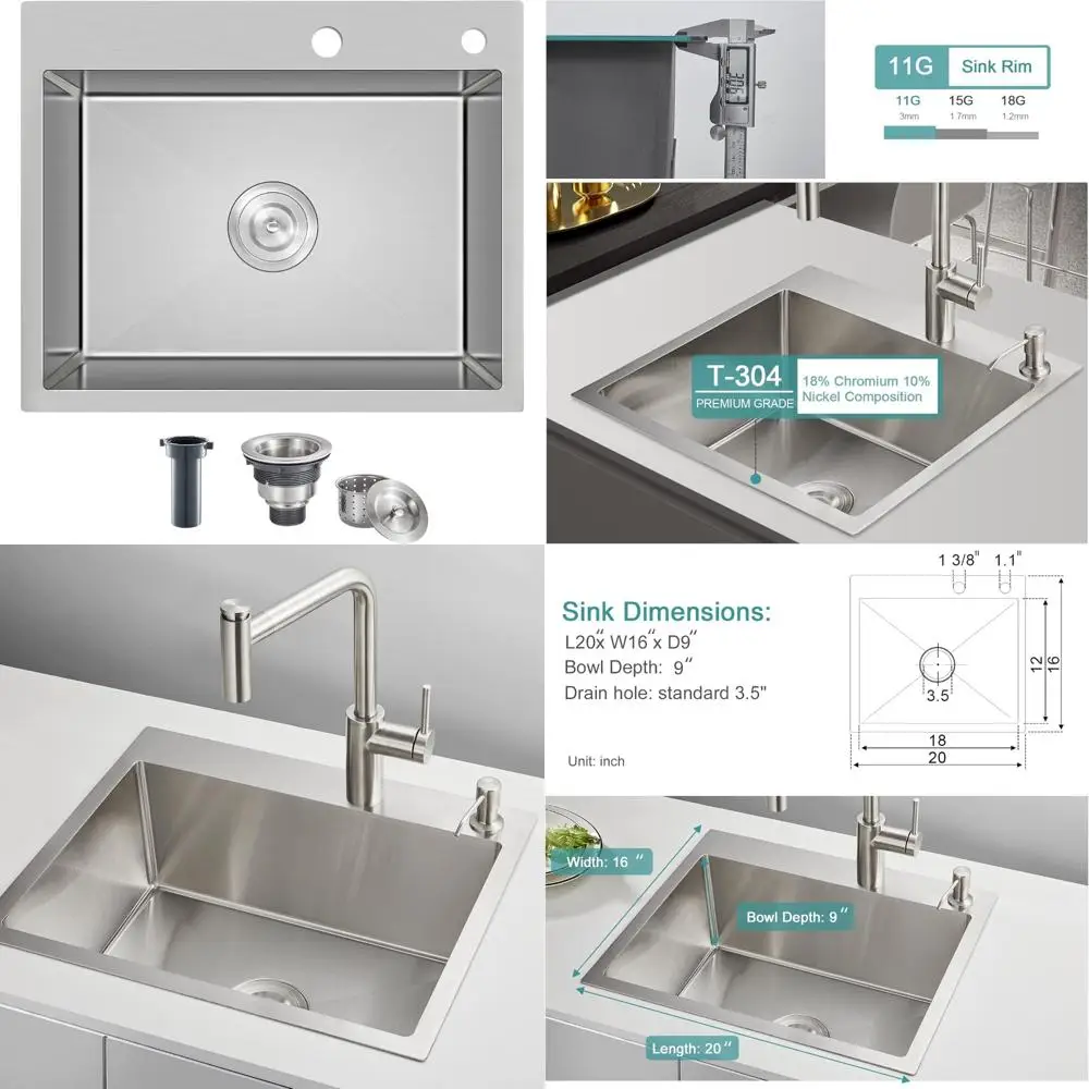 

Stainless Steel Single Bowl Kitchen Sink - 24x18 Inch Top Mount Bar Sink with 9 Inch Depth and Strainer Included