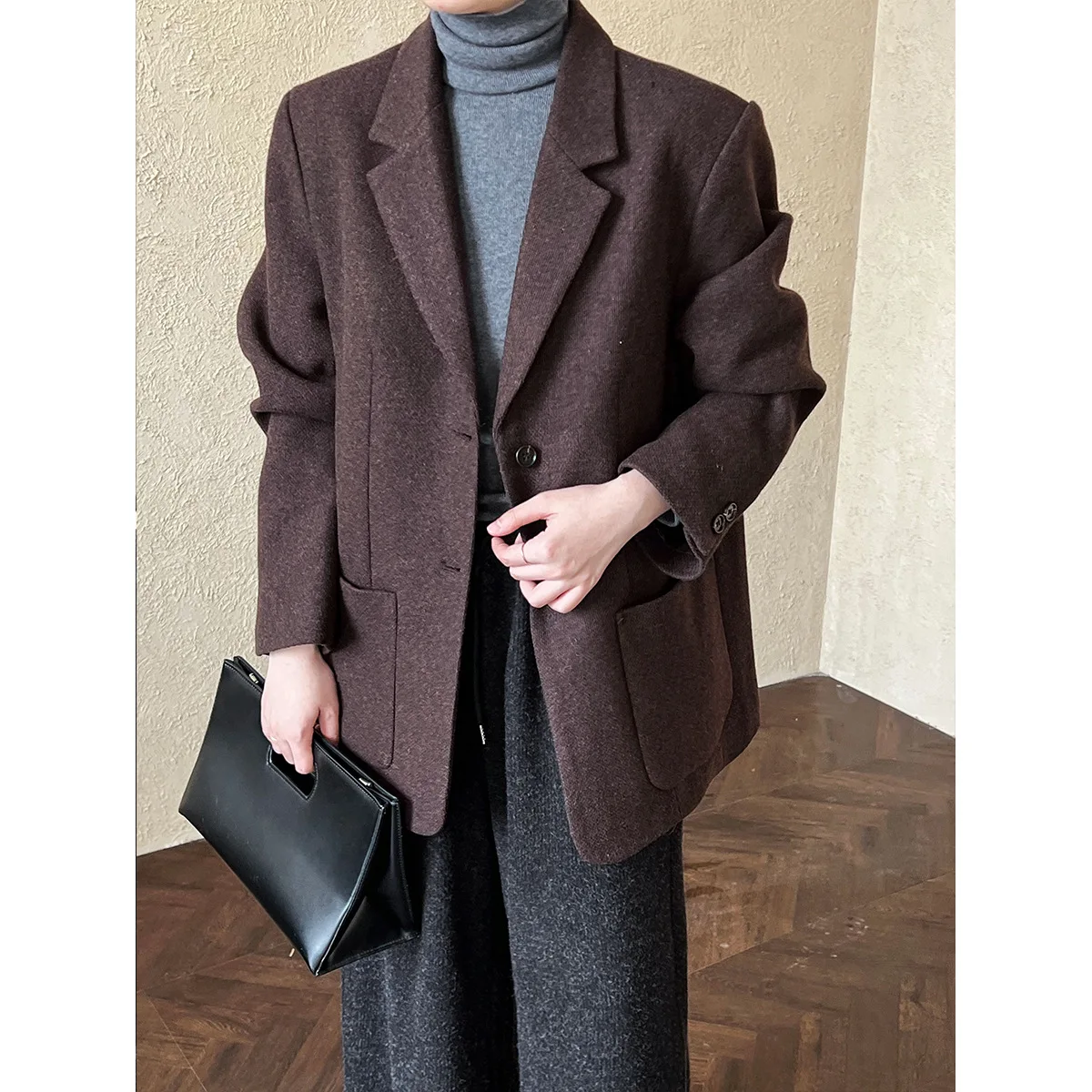 秋冬韓国スタイルグレーウールブレザー女性服冬ジャケットハイエンド通勤ルーズカジュアルスーツジャケット女性トップス