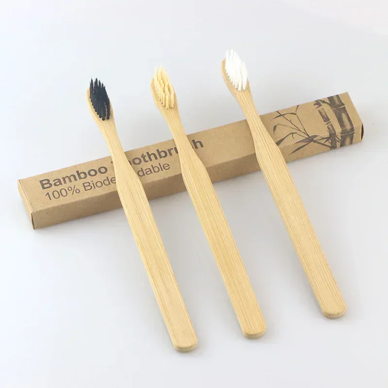 Cepillo de dientes de madera de fibra suave ecológico con mango de bambú sólido para limpieza dental de adultos, cuidado bucal y productos saludables