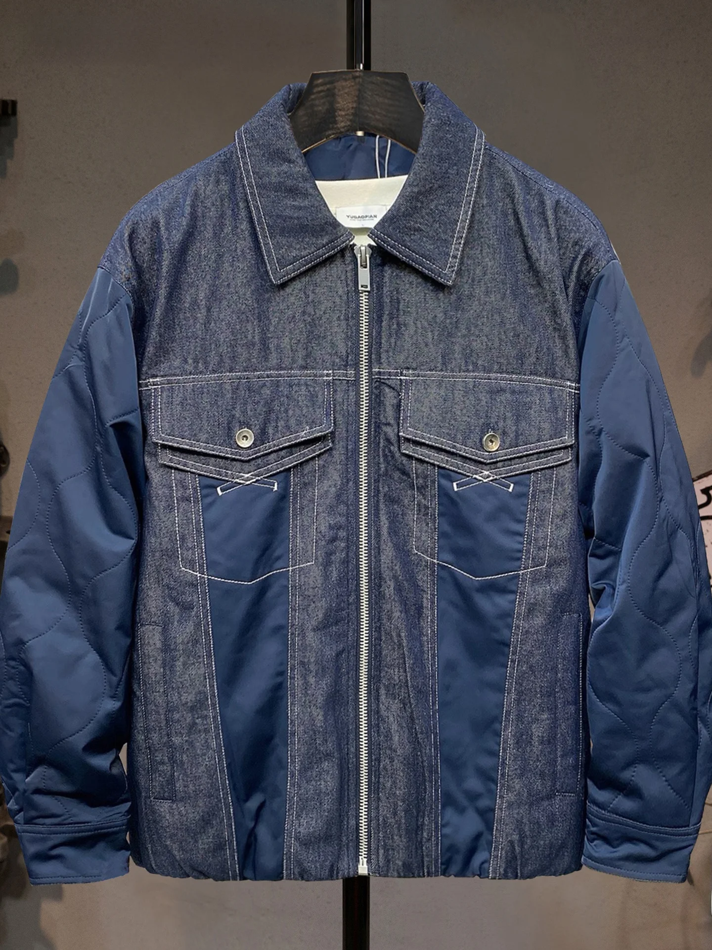 

Thiened Denim Patchwork Men's down Jaet Cozy Warm Workwear Outerwear Casual Sle Cotton Polyester Blend Winter Coat