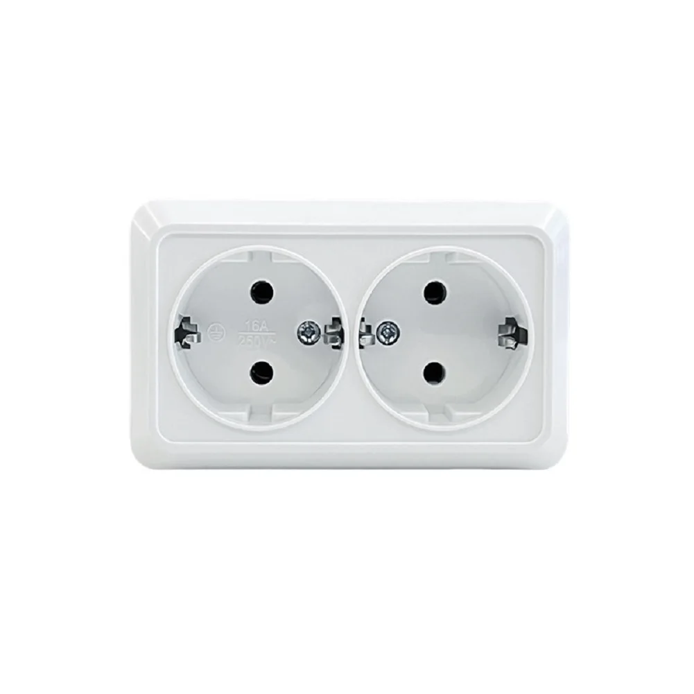 White 16A 250V For Surface Mounted Double Socket With Grounding Earthenware Base Brass Contacts For European Style Household Ele