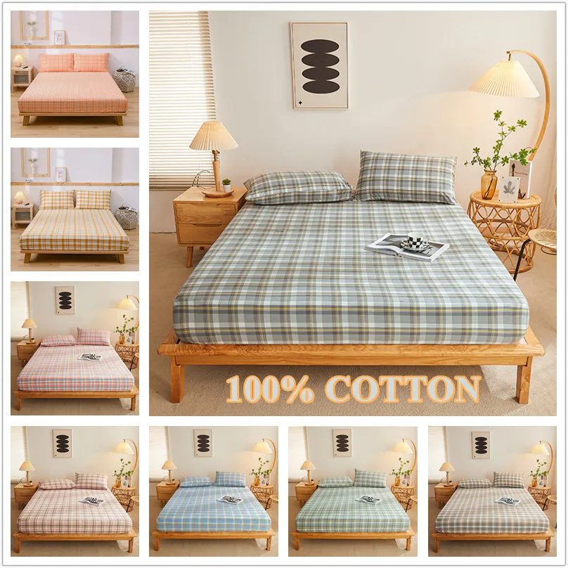 Bonenjoy 1pc Pure Cotton Fitted Sheets Plaid Style Bed Sheet spannbettlaken 90x200 Size Bed Linen for Home(Pillowcase need order