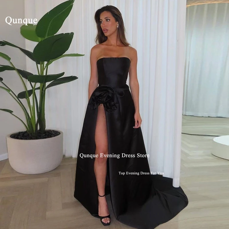 

Qunque Elegant Satin Prom Dresses With Slit فساتين سهرة Strapless Pleat Handmade Flowers Evening Dress Robes De Soirée for Women