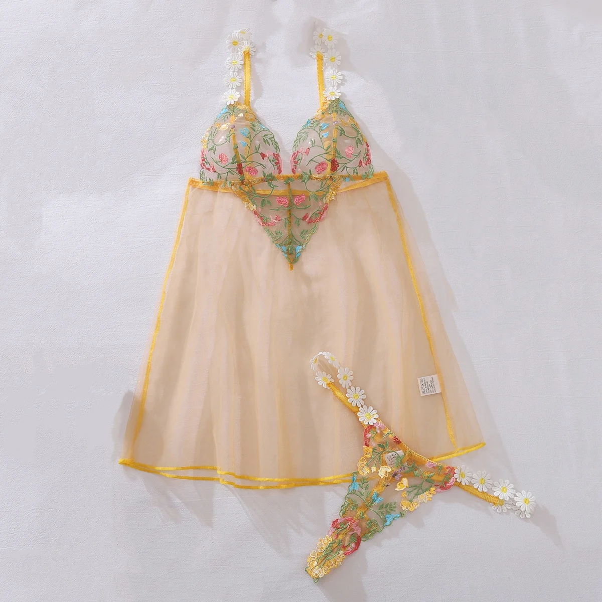 

Sexy Embroidered Mini Floral Colorblock Exotic Dresses Women's See-Through Bodysuit Female Three-Piece Style Mesh Sleepwear Set