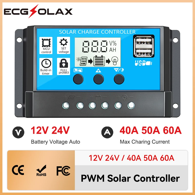 

ECGSOLAX 30A 20A 10A Solar Panel Regulator PWM Solar Charge Controller 12V 24V Automatic Battery Charger with LCD Diaplay Max PV
