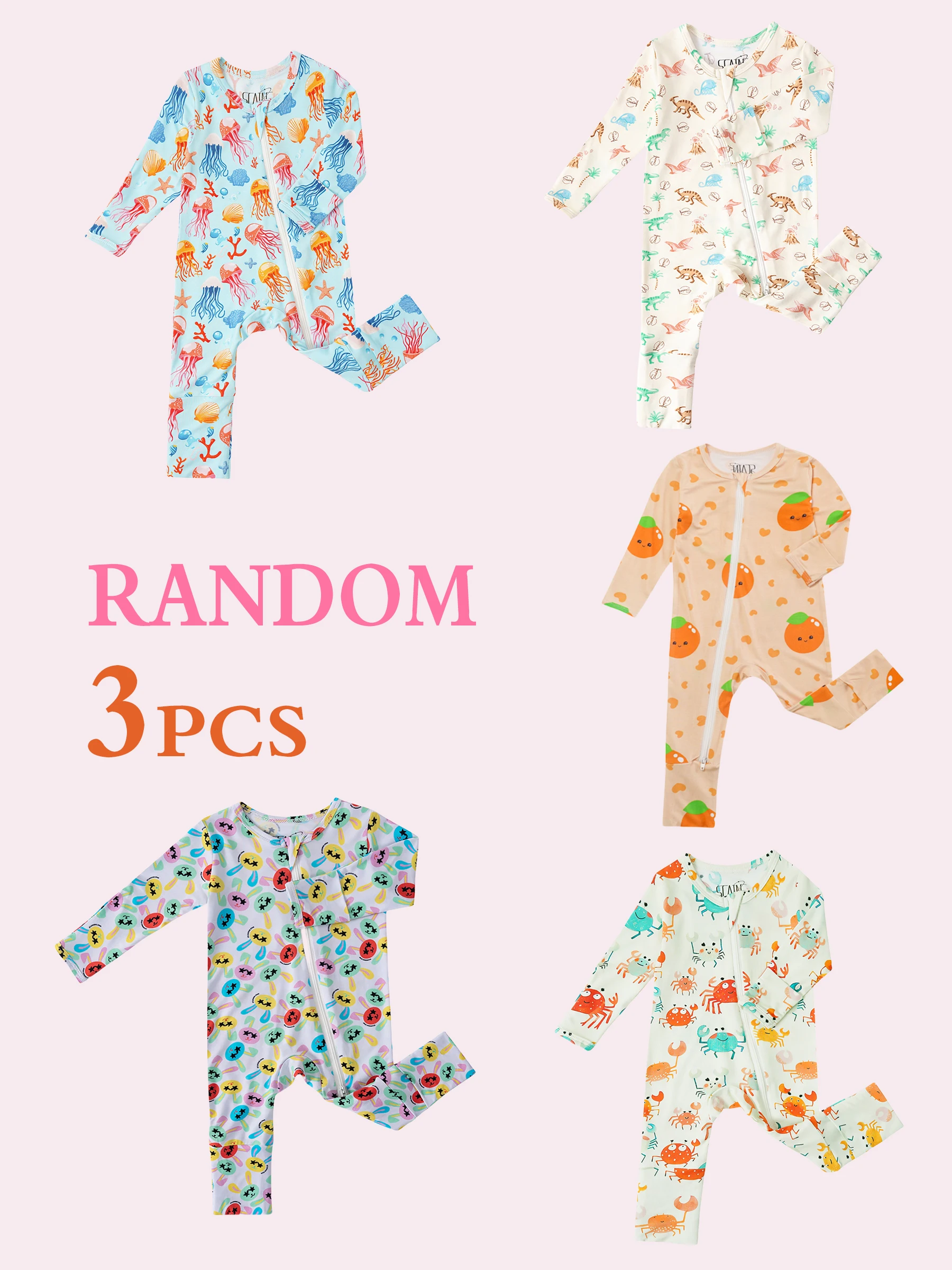 Three-piece fashion baby romper set, featuring a randomly selected bamboo fibre romper, suitable for ages 0-24 months.