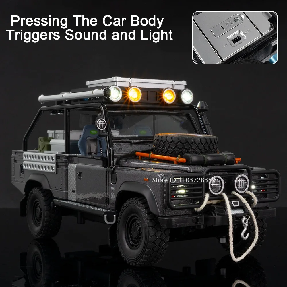 1:24 Defender 110 Model Pojazdu Terenowego Zabawki Metalowe Odlewane Dźwięk Światło Otwierane Drzwi Napęd Pull Back Ozdoby Samochody dla Dzieci Prezenty