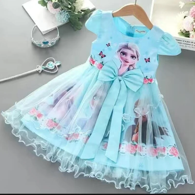 Summer Dresses Kids Girls Princess Toddler Cartoon Frozen Elsa Short Sleeve Mesh Party Wedding Dress Outfit Cotton Pajama Tops